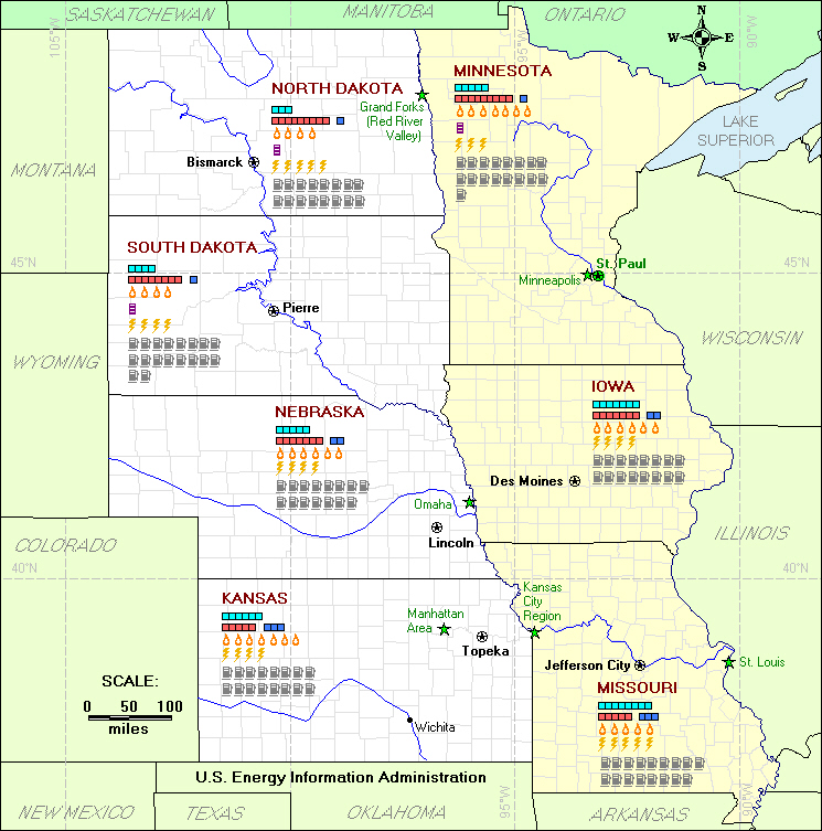 This Residential Energy Map of the West North Central U.S. Census Division displays household consumption of natural gas, fuel oil, electricity, and motor gasoline, as well as weather indicators (heating and cooling degree-days and precipitation) for Iowa, Kansas, Minnesota, Missouri, Nebraska, North Dakota, and South Dakota. If you have trouble reading this map, please call 1-202-586-8800.