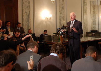 After a private meeting with Eric Holder, Leahy held a brief press conference with reporters.