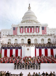 Ronald Reagan's Inaugural ceremony in progress on the west front of the U.S. Capitol, January 20, 1981 (Architect of the Capitol)
