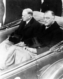 Franklin Delano Roosevelt and Herbert Hoover in convertible automobile on way to Capitol for Roosevelt's inauguration, March 4, 1933 (Architect of the Capitol)