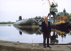 Senator Lugar stands in front of a Typhoon class Russian submarine. This submarine is being disassembled as part of the Nunn-Lugar Program.