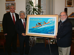 Postmaster General John Potter shares the Hawaii 50th Anniversary Statehood stamp with Senator Akaka and Congressman Neil Abercrombie.  The stamp, designed by renowned Hawaii artist Herb Kawainui Kane, will be issued in the summer of 2009. 