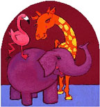 A picture of a giraffe, and an elephant with a flamingo on his back