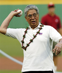 Senator Akaka throws out the first pitch before a game featuring the Washington Nationals and the Houston Astros at RFK Stadium.