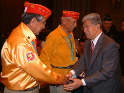 Senator Akaka greets Native American veterans during a Native Language Summit on Capitol Hill.  Senator Akaka stressed the importance of preserving native languages citing the significant contribution of 