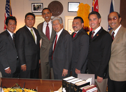 Senator Akaka and fellow Hawaii-born Senator Barack Obama (D-IL) pose with members of the Hawaii State Legislature and local health care leaders before a meeting in Akaka's Senate office.