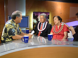 New Hope Christian Fellowship Pastor Wayne Cordeiro chats with Senator and Mrs. Akaka in preparation for an interview on his Connecting Point television program.