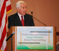 Senator Lugar speaking at Purdue Calumet's Lugar Visclosky Energy Forum on October 8