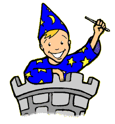 Cartoon of a young boy dressed as a wizard in a turret of a castle