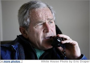 President George W. Bush speaks on the phone with Palestinian Authority Prime Minister Salam Fayyad from his office Tuesday, Dec. 30, 2008, at the ranch in Crawford, Texas, discussing ways to stop the violence in the Gaza Strip. White House photo by Eric Draper
