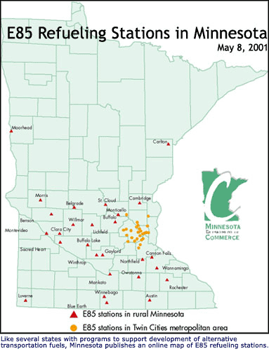 Map: E85 Refueling Stations in Minnesota, May 8, 2001  |  Like several states with programs to support development of alternative transportation fuels, Minnesota publishes an online map of E85 refueling stations.