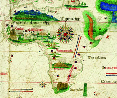Detail of the Cantino Planisphere, showing Africa in its entirety in 1502. The world map by an anonymous Portuguese cartographer was secretly obtained by Alberto Cantino, a spy for the Duke of Ferrara, and taken to Italy. The map was recovered centuries later, hanging on the wall of a nondescript butcher shop, —Biblioteca Estense, Modena, Italy. 