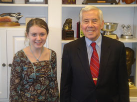 Senator Lugar with with Brittany Blazier of Wells County, winner of the 2005-2006 Dick Lugar/Indiana Farm Bureau/Farm Bureau Insurance Companies Youth Essay Contest in his office in the U.S. Capitol Building.