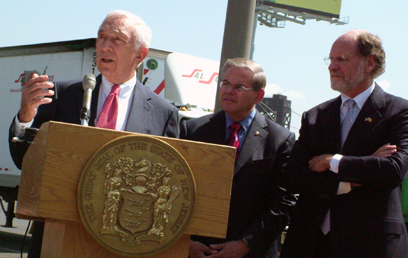 Senator Lautenberg was joined by Governor Corzine and Senator Menendez at the New Jersey Turnpike in front of the Pulaski Skyway to announce they have received an interim report from the state's Department of Transportation on the condition of New Jersey's bridges. Senator Lautenberg is the chairman of the Transportation Safety, Infrastructure Security, and Water Quality subcommittee which oversees these issues in the Senate. (August 9, 2007) 