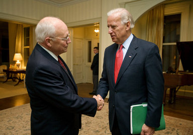 Vice President Dick Cheney bids farewell to Vice President-elect Joe Biden Thursday, November 13, 2008, following their nearly hour-long visit at the Vice President's Residence at the U.S. Naval Observatory in Washington, D.C. White House photo by David Bohrer