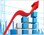 Three dimensional graph showing bars and a line rising from right to left.