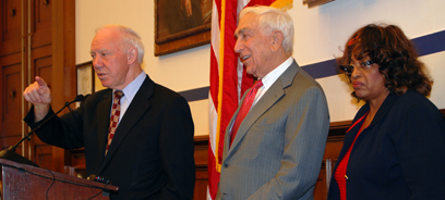 On the day after the Senate passed a package of bills to improve rail service and safety across the country, Senator Lautenberg joins House Transportation and Infrastructure Committee Chairman Jim Oberstar (D-MN; left) and Congresswoman Corrine Brown (D-FL) to urge President Bush to sign the rail package into law. The rail bills, which were championed by Lautenberg in the Senate, will increase funding for Amtrak over the next five years, require new safety controls on trains that help reduce crashes and allow states to regulate solid waste processing facilities along rail lines. (October 2, 2008)