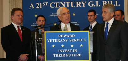 Senator Lautenberg joins with fellow veterans Sen. Jim Webb (D-VA; left) and Sen. Chuck Hagel (R-NE), as well as a leaders of several veterans' organizations to call for an updated and enhanced G.I. Bill that would offer comprehensive educational benefits to those returning from Iraq and Afghanistan. (February 13, 2008)