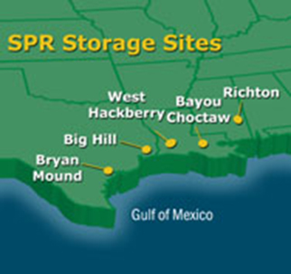 A map of the south central United States with approximate locations of the Strategic Petroleum Reserve storage sites