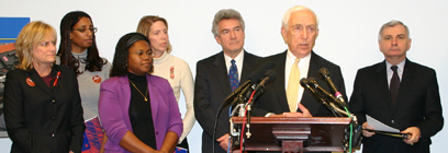 Senators Lautenberg and Jack Reed (D-RI; far right) introduce their bill to close the loophole in federal law that allows people to purchase guns from unlicensed dealers at gun shows without going through a background check. Joining the two Senators to support the bill's introduction were (from right): Paul Helmke, President of the Brady Campaign to Prevent Gun Violence, and Lori Haas, Pat Craig, Elilta "Lily" Habtu and Suzanne Grimes, all who were directly affected by the Virginia Tech shootings last April. (January 30, 2008)