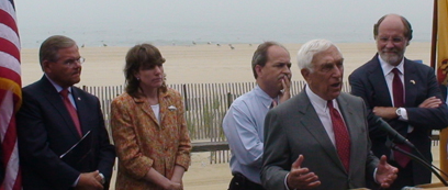 Senator Lautenberg joins Senator Robert Menendez (D-NJ; left), Clean Ocean Action's Cindy Zipf, Belmar Mayor Ken Pringle and Governor Jon S. Corzine at Taylor Pavilion in Belmar to call for a permanent ban on oil and gas drilling off the Jersey Shore. President Bush and Congressional Republicans are exploring ways to overturn the existing ban, but Senator Lautenberg reiterated he will continue to lead the fight in the Senate to block offshore drilling, as he has done on several occasions during the past two years. (July 7, 2008)