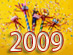 Gráfico del número 2009 con papel picado y cornetas
