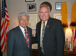 Senator Akaka greets Louis Sulsberger, National President of the Elks.  Mr. Sulsberger briefed Senator Akaka on a number of programs created and sustained by his membership for the benefit of America's veterans.