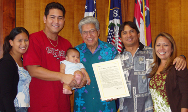 Senator Akaka with the Coaches and family of the 2005 Little League World Series Champions.