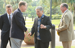 Senator Akaka discusses strategies for containing a potential Hawaii outbreak of pandemic flu before an exercise at the Asia Pacific Center in Honolulu with officials from National Defense University's Strategic Policy Forum.  