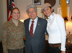 Senator Akaka with Charlayne Holliday and Donde Lei Leopoldo, the first students of Hawaiian ancestry selected to participate in the George Washington University's Native American Political Leadership program.  As part of the program, Holliday is interning at the Office of U.S. Senator Barack Obama, and Leopoldo, a former intern of Senator Akaka's, is interning at the Office of Hawaiian Affair's Washington, D.C. office.