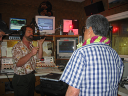 Senator Akaka is interviewed live on KONG radio by host Ron Wiley.