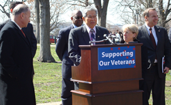 Senator Akaka, Chairman of the Senate Veterans' Affairs Committee, speaks in support of the Democratic Budget that will increase funding for VA by $3.2 billion over the President's request.  Joining Akaka in support are (left to right) Sen. Charles Schumer (D-NY), Iraq war veteran Miguel Sapp, Sen. Patty Murray (D-WA), and House veterans' committee Chairman Bob Filner (D-CA).