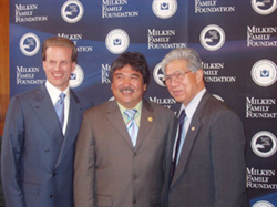 Senator Akaka with Milken Foundation Chairman Lowell Milken and 2004 Milken Recipient Clyde Hashimoto from Kalaheo Elementary School. 