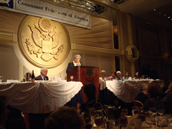 Senator Akaka addresses the Consumer Federation of America’s 37th Annual Awards Dinner, where he received the Philip Hart Public Service Award for his work to promote financial literacy and efforts on the Hill to defend consumers from predatory lenders and manipulative credit card practices.  

