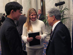 Senator Akaka with U.S. Senate Youth Program delegates Francis Choe (St. Louis HS) and Carolyn Pearce (Mid-Pacific Inst).