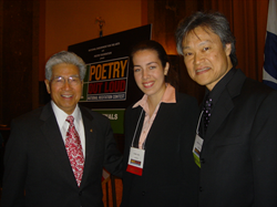 Senator Akaka congratulates Mid-Pacific Institute Senior Kelli Anae, Hawaii's Poetry Out Loud state champion, and her teacher, John Wat.  Kelli, a resident of Louisiana with relatives in Hawaii, was displaced from her home in the aftermath of Hurricane Katrina.  Kelli placed third in the national competition winning a $5000 scholarship.