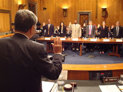 Chairman Akaka swears-in Washington, D.C. Mayor Adrian Fenty and several of his school administrators in a subcommittee hearing on Mayor Fenty’s recently approved proposal to assume control of the D.C. Public Schools.  A former teacher and school administrator, Senator Akaka is Chairman of the Senate Subcommittee on Oversight of Government Management, the Federal Workforce and the District of Columbia.  