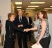Sen. Dole greets an employee while visiting RF Microdevices in Greensboro, N.C.
