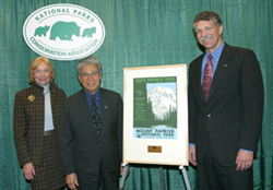 Senator Daniel Akaka receives Friend of the National Parks award from NPCA Board of Trustees Chair Gretchen Long and NPCA President Tom Kiernan. 
Photo by Keith Jewell