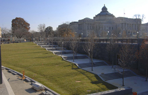 Landscaping along the approach to the entrance to the Capitol Visitor Center looking away from the Visitor Center and toward the Library of Congress