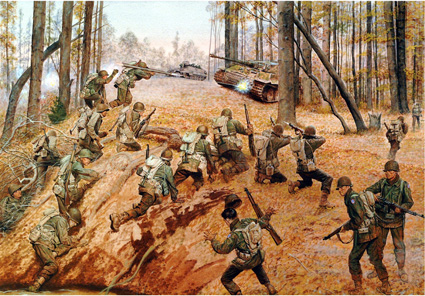 U.S. Army painting of the Nisei 442nd Regimental Combat Team rescuing elements of the 1st Battalion, 141st Regiment, 36th (Texas) Division, trapped by German forces in the Vosges Mountains, northeast France, in October 1944. This painting depicts the phase of battle to rescue the “Lost Battalion” as one of most fiercely fought battles in U.S. Army history.