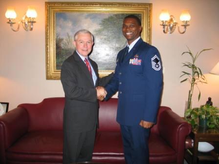 Sen. Sessions meets with Senior Master Sergeant Henry Parker, III of Mobile. SMSgt Parker was selected by the Air Force as one of the 12 Outstanding Airmen of the Year. Enlisted Airmen were chosen based on superior leadership and job performance. (9/26/06)