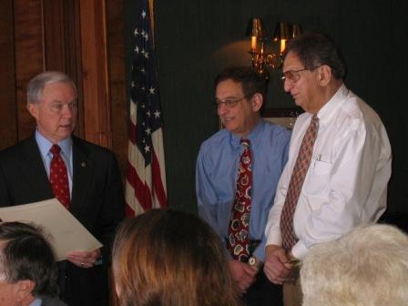 Sen. Sessions presents a copy of his statement in the Congressional Record commemorating the 100th Anniversary of the Bright Star restaurant in Bessemer to the owners, brothers Jimmy and Nick Koikos. (2/20/07) 

