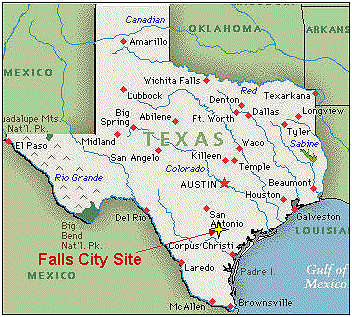 Map of Texas showing the location of Falls City Mill. Having trouble? Call 202 586-8800 for help.