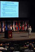 Command and General Staff College Commandant Lt. Gen. William Caldwell IV shares his priorities and students' media requirements with CGSC staff and faculty Aug. 4 in Eisenhower Auditorium. (Photo by Prudence Siebert)