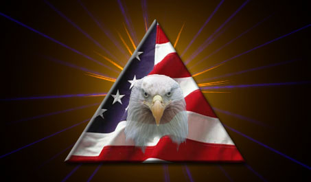 armor symbol with flag background, eagle foreground