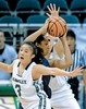Pepperdine's Alisha Bryant is sandwiched by Hawai'i's Catherine Cho, left, and Rebecca Dew during the Jack in the Box Rainbow Wahine Classic. UH committed 33 turnovers and fell to 3-9.