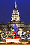Lansing is all decked out with festive lights. The State Capitol dome glows in the background. Photo: Kelly Drummelsmith