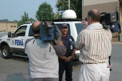 Marietta, GA, August 16, 2007 -- FEMA Federal Incident Response Support Team (FIRSTeam) leader Willie Womack speaks with the media before departin...