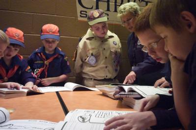 Nashville, TN, March 27, 2008 -- FEMA Community Relations Specialist Jane Brom, center, shows members of Nashville Christian School Cub Scout Pack...
